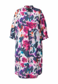 Langärmliges knielanges Kleid mit offenem Kragen, das große abstrakte Blumenmuster in Pink, Lila, Orange, Blau und Schwarz auf Weiß zeigt.