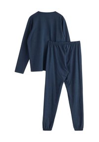 Haut à manches longues bleu marine avec col rond et pantalons assortis à taille élastique, fabriqués en tissu doux, avec une coupe détendue et sans motifs.
