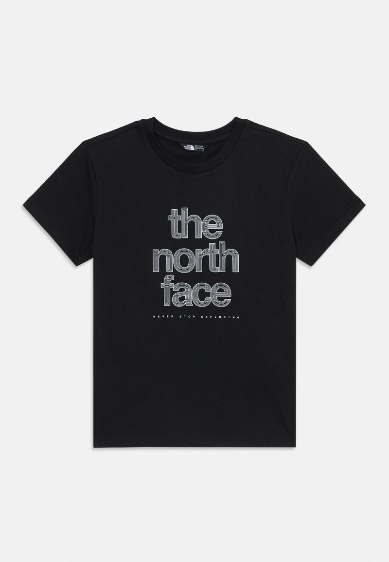 T-shirt de algodão preto com uma grande gráfica em texto branco e cinza "the north face" e um texto menor "NEVER STOP EXPLORING" por baixo.