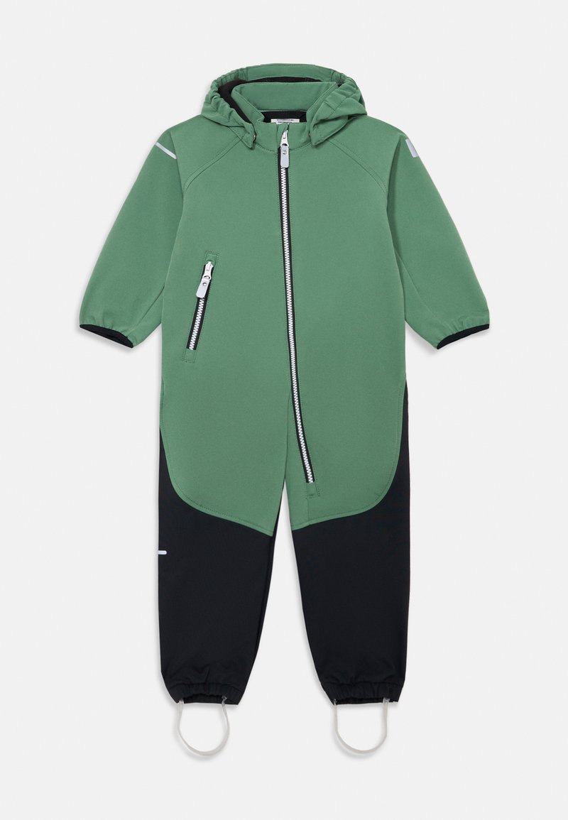 Green and black children's snowsuit with a hood, front zipper, and side pockets. Features elastic cuffs and ankle loops for secure fit.