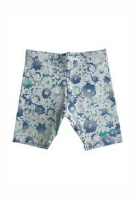 Shorts floreali realizzati in morbido tessuto, con un mix di fiori blu e verde acqua su uno sfondo chiaro, con una leggera elasticità e orlo cucito.