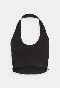 Czarny top typu halter made z miękkiego materiału, z głębokim dekoltem i srebrnymi zamkami po bokach.