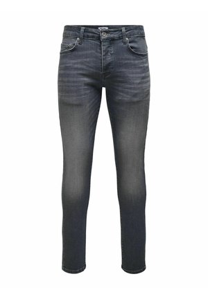 Mørkegrå denimjeans med slim fit, der har fem lommer, lynlås-lukning og subtile falmninger for tekstur. Opbevaringsetikette synlig.