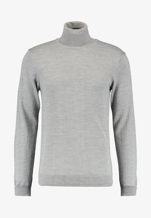 Pull à col roulé gris clair en tissu doux, avec des manches longues, des poignets et un col côtelés, une texture lisse et une coupe classique.