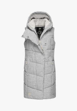 Harmaa pehmustettu liivi hupulla, jossa on pehmeä sisävuori ja vetskari. Sisältää etupocketit ja hienovaraisen logoprintin.