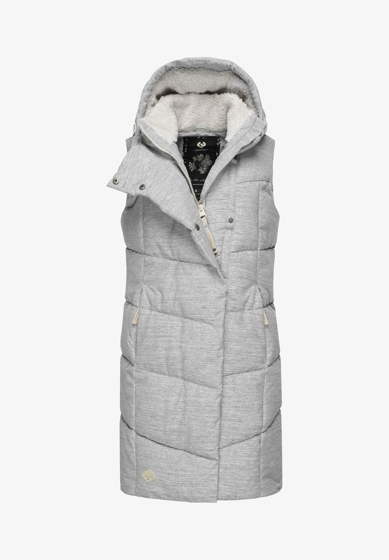Gray padded vest with a hood, featuring a soft inner lining and zip closure. Contains front pockets and a subtle logo accent.