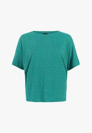 Loszittend tealkleurig topje met korte mouwen, subtiel zigzagpatroon en ronde halslijn.
