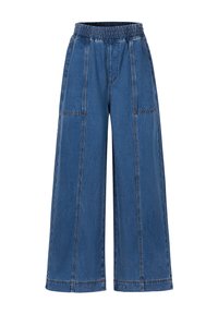 Brei-brede blauwe denim broek met elastische tailleband en zichtbare verticale en horizontale naaddetails aan de voorkant.
