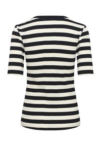 Mustra mustriga mustriga T-särk, millel on ümmargune kaelus ja lühikesed varrukad, horisontaalsete triipudega ja kitsas siluett.