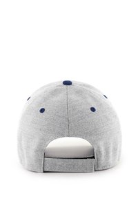 Graue Baseballmütze mit flachem Schirm, marineblauer Stickerei und Knopfakzenten. Verfügt über einen verstellbaren Riemen hinten für eine sichere Passform.