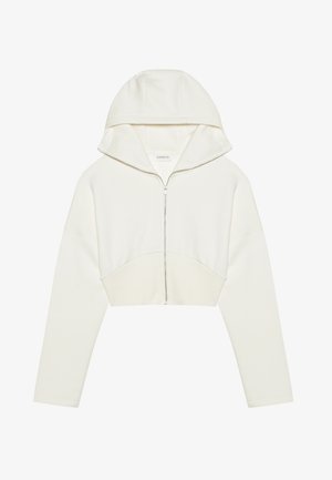 White cropped zip-up hoodie with a hood, soft fabric, long sleeves, and a seam detail across the front. Smooth texture and metallic zipper.