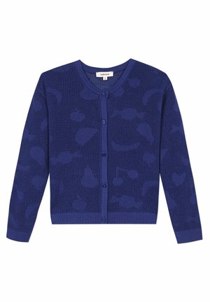 Cardigan bleu marine tricoté avec un motif texturé de différentes formes. Il présente un col rond et des fermetures à boutons sur le devant.