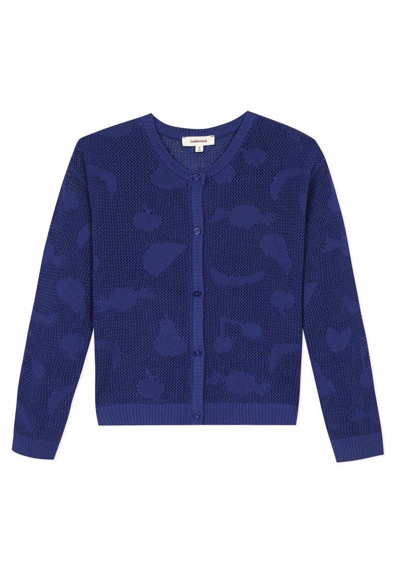 Granatowy dzianinowy kardigan o teksturowanym wzorze z różnych kształtów. Posiada okrągły dekolt i zapięcia na guziki z przodu.