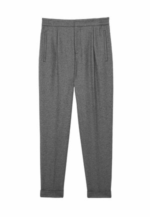 Pantaloni in lana grigia con vita elastica, tasche laterali, pieghe frontali e orli risvoltati.