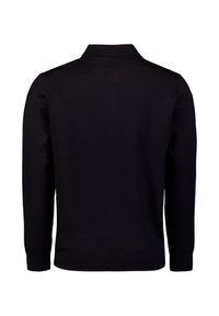 Zwarte trui met lange mouwen en een polo-kraag, met ribgebreide mouwen, gemaakt van gladde stof, met een minimalistisch ontwerp zonder versieringen.