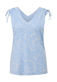 Top azzurro chiaro senza maniche con motivi floreali bianchi, scollatura a V e dettagli con fiocco su entrambe le spalle.