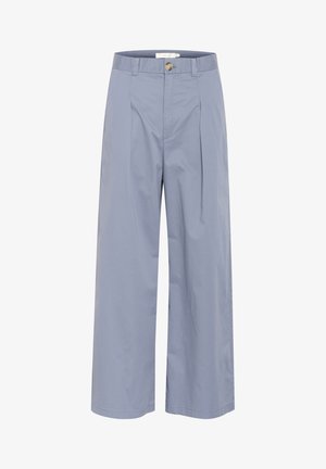 Blaue Baumwollhosen im weit geschnittenen Design, mit einem Knopfverschluss, gefalteter Vorderseite und sauberen Steppdetails.