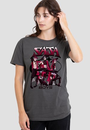 Gray cotton t-shirt featuring a graphic print of four characters in red attire, bold lettering of "SAJA BOYS" below the design.