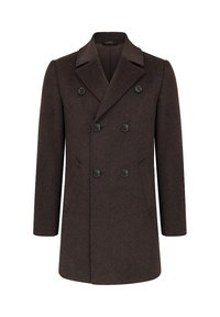 Brązowy płaszcz wełniany o dwurzędowym kroju, z klapami z nacięciami, czterema czarnymi guzikami i bocznymi kieszeniami. Strukturalny i o długości do połowy uda.