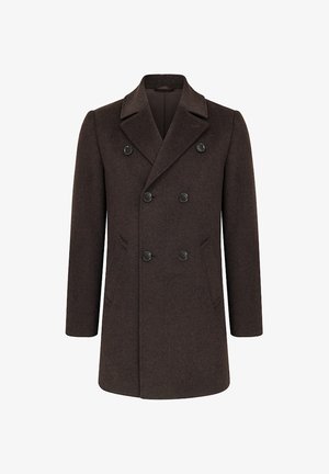 Brązowy płaszcz wełniany o dwurzędowym kroju, z klapami z nacięciami, czterema czarnymi guzikami i bocznymi kieszeniami. Strukturalny i o długości do połowy uda.