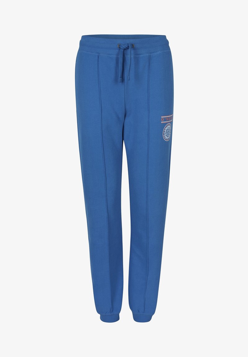 Blue sweatpants with a drawstring waist, elastic cuffs, and side seams. Features front logo detail and soft, smooth fabric texture.