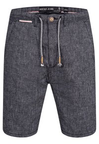 Shorts gris en tissu texturé avec une taille à cordon de serrage ornée de rayures noires et blanches et d'un accent en bois. Poches latérales incluses.