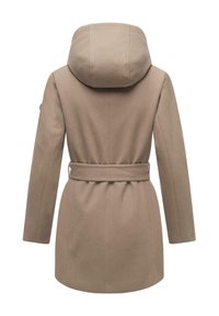 Beige wool blend coat, hooded with a belted waist, featuring long sleeves and a smooth texture. No visible patterns or hardware details.