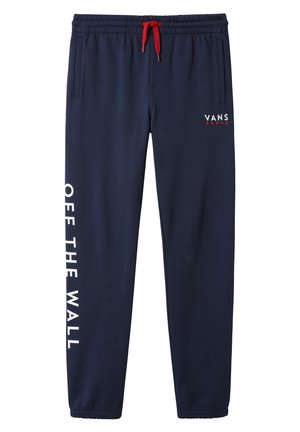 Granatowe spodnie dresowe Vans z czerwonym sznurkiem, bocznymi kieszeniami, elastycznymi mankietami, logo "VANS" z gwiazdkami na piersi oraz pionowym napisem "OFF THE WALL" na lewej nogawce.