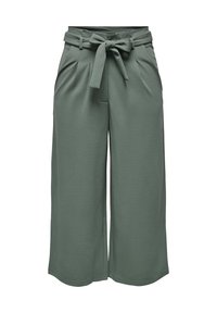 Kalhoty culottes z měkké zelené tkaniny s páskem na zavázání, se sklady v pase a širokými, zkrácenými nohavicemi. Hladká textura, minimalistický design.