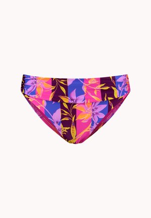 Bloemen bikini-broekje met een mix van roze, paars en gele kleuren, met een gerimpelde tailleband en een soepele, rekbare stof.