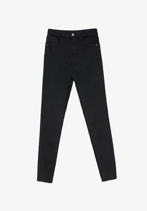 Zwarte skinny jeans van denim, met een hoge taille, vijf-pocketontwerp en een onafgewerkte zoom bij de enkels. Klassieke knoop- en ritssluiting.