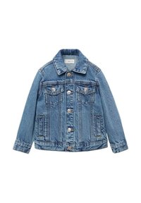 Modrá džínová bunda s dlouhými rukávy, předním zapínáním na knoflíky, dvěma náprsními kapsami a dvěma bočními kapsami.