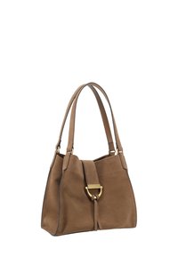 Brown suede handbag with two leather handles. Features a gold-tone hardware buckle and a soft, textured surface. Tapered shape.