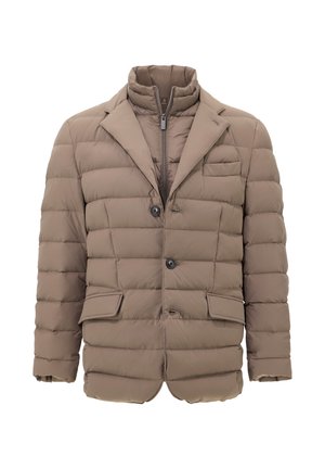 Puffjacke in Hellbraun mit tailliertem Design, horizontal gestepptem Muster, zwei Fronttaschen und Reißverschluss.