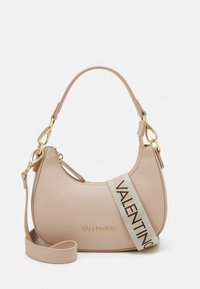 Light pink leather handbag with a curved shape, gold hardware, and a detachable strap featuring "VALENTINO" in black.