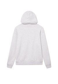 Sudadera gris hecha de una suave mezcla de algodón, con un bolsillo tipo canguro, capucha con cordón y puños y dobladillo acanalados. Vista trasera.