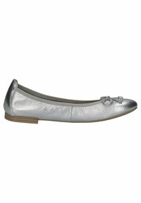 Srebrne baletki z metaliczną skórzaną cholewką, okrągłym noskiem i dekoracyjną kokardką z przodu. Płaska gumowa podeszwa.