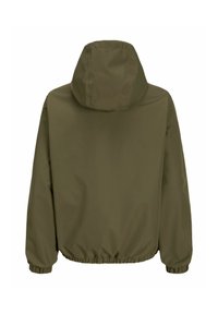 Χακί πράσινο μπουφάν με κουκούλα, με ελαστικούς μανσέτες και τελείωμα, εμφανίζεται από πίσω σε λευκό φόντο.