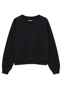 Sweat-shirt noir à manches longues avec col rond, poignets et ourlet côtelés, présenté sur fond blanc uni.