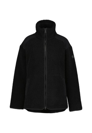 Giacca in pile nera con cerniera piena frontale, collo alto, maniche lunghe e toppa in tessuto liscio su spalle e parte superiore delle maniche.