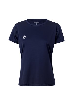 T-shirt sportivo blu navy in tessuto leggero, con maniche corte e colletto rotondo. Include un logo circolare sul petto sinistro.