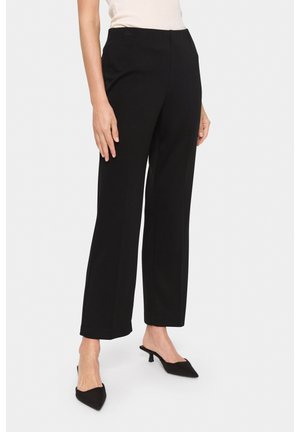 Schwarze Hosen mit geradem Bein, aus glattem Stoff gefertigt. Verfügt über einen elastischen Bund und minimalistische Details.