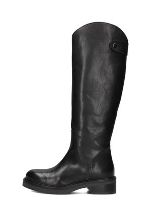 Black leather knee-high boot with a rounded toe, smooth texture, subtle seam detailing, and a low block heel. Features a button accent at the top.