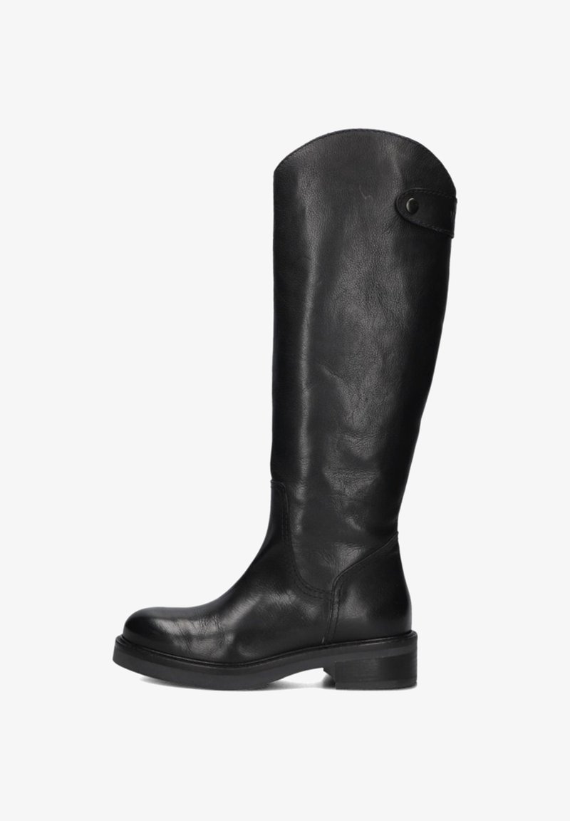 Black leather knee-high boot with a rounded toe, smooth texture, subtle seam detailing, and a low block heel. Features a button accent at the top.