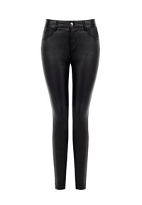 Jeans skinny neri in finta pelle con vita alta, cinque tasche, chiusura frontale con bottone e texture liscia e lucida.