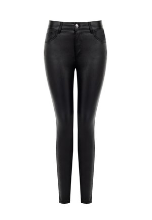 Jeans skinny neri in finta pelle con vita alta, cinque tasche, chiusura frontale con bottone e texture liscia e lucida.