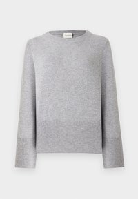 Pull tricoté gris clair à manches longues avec poignets et ourlet côtelés, col rond et petite étiquette à l'arrière du col.