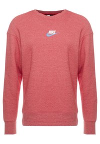 Rotes Sweatshirt mit langen Ärmeln aus strukturiertem Stoff, mit Rundhalsausschnitt und gerippten Bündchen, versehen mit einem kleinen blauen Nike-Logo auf der Brust.