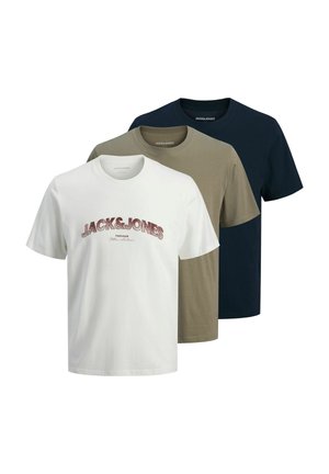 Trois t-shirts à manches courtes col rond en blanc avec le logo Jack & Jones, vert olive et bleu marine foncé, présentés en chevauchement sur fond blanc.