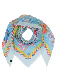 Blauwe zijden sjaal met bloemmotieven in roze, geel en groen. Heeft een gestreepte rand met franje en een vierkante vorm.